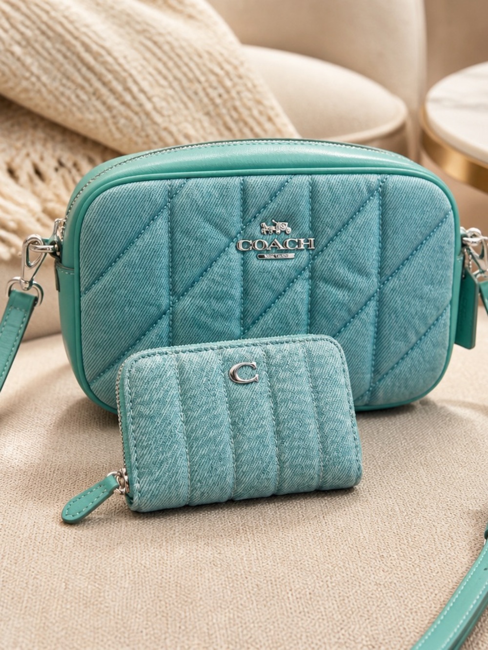 Coach Denim Teal Quilted Crossbody with Matching Wallet